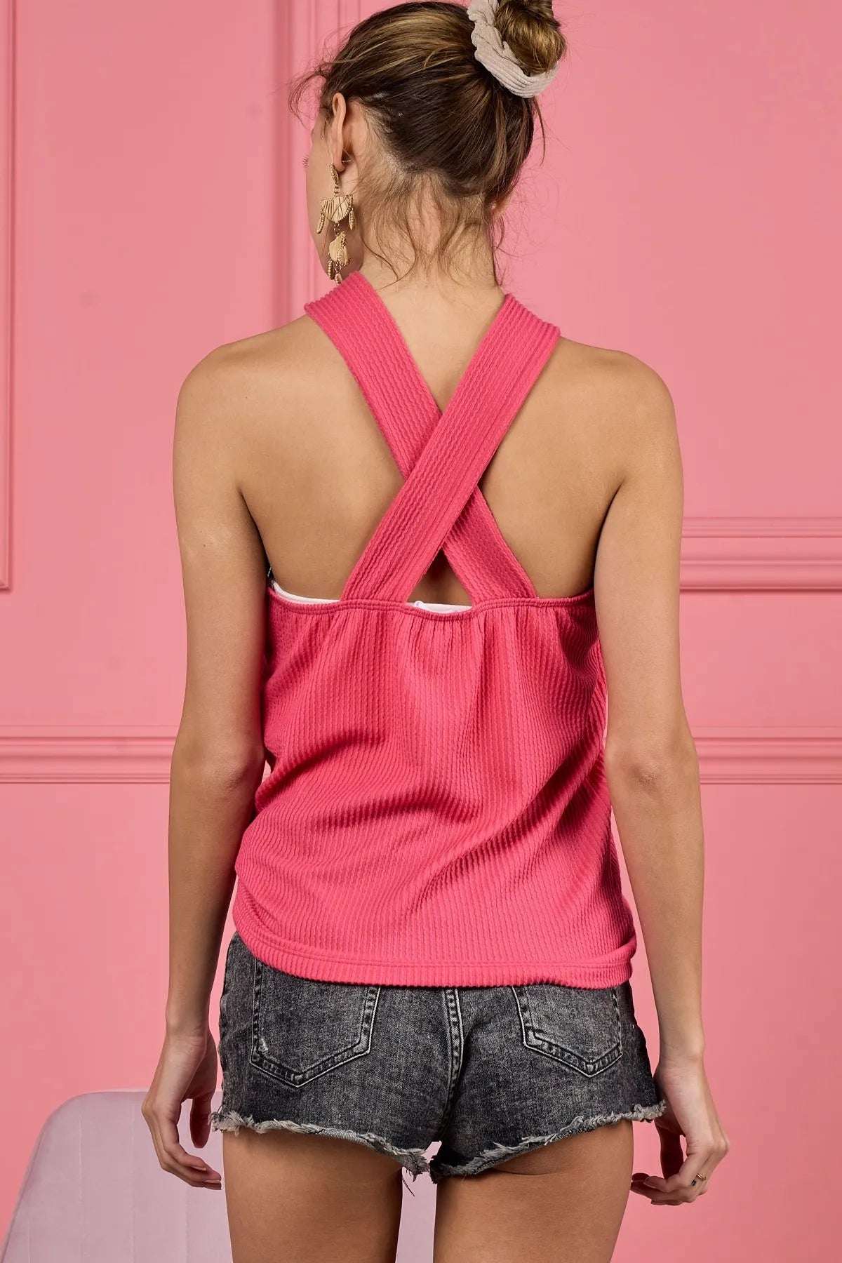 BiBi Lace Knit with Cut Out And Cross Neck Banded Top