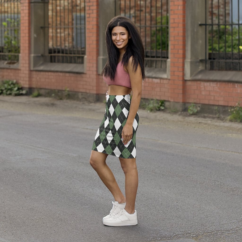Womens Pencil Skirt - Green and White Argyle Stretch Mini